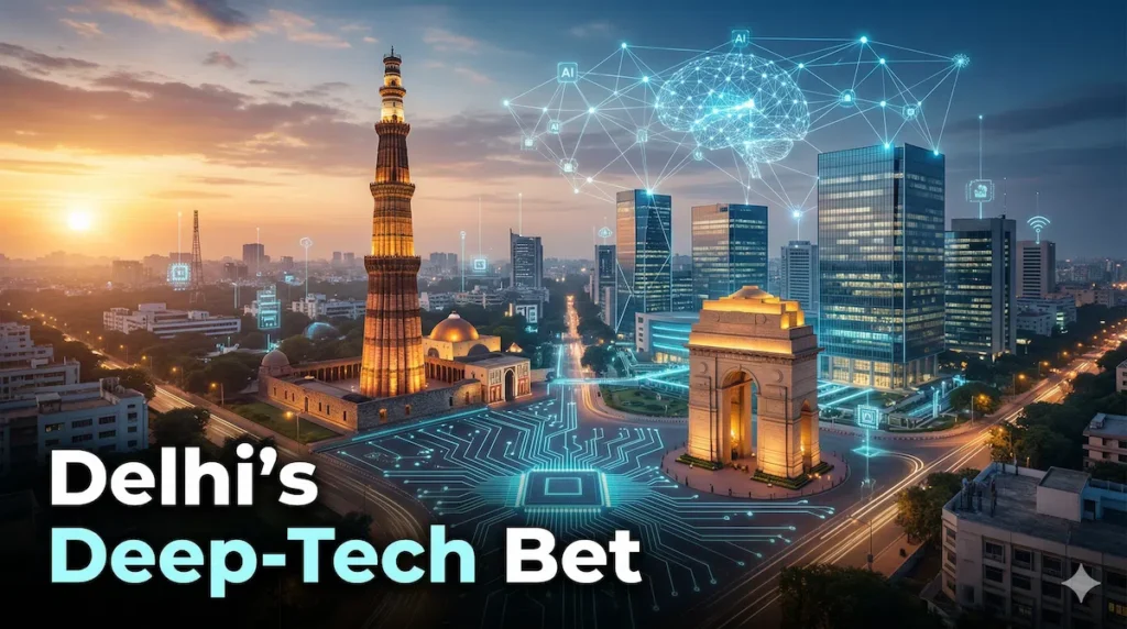 Delhi skyline with semiconductor circuits and AI digital infrastructure representing India’s deep-tech growth