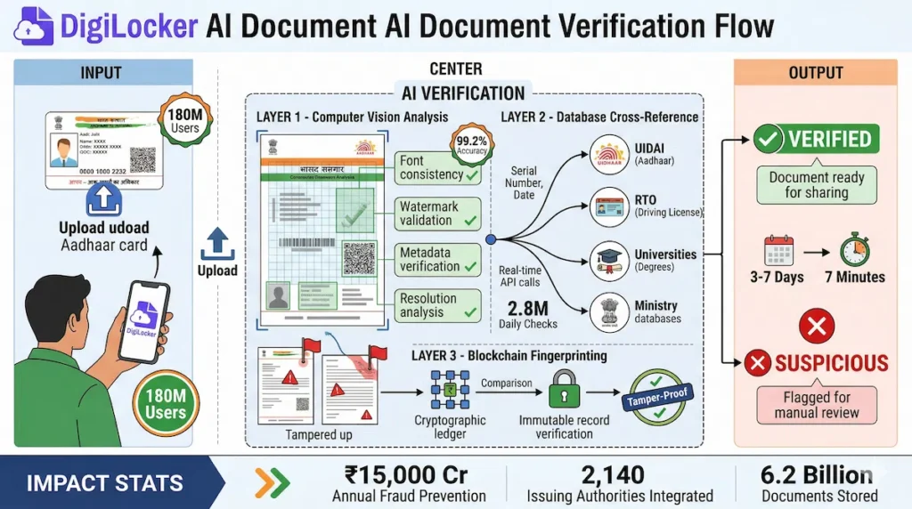 DigiLocker AI document verification process three-layer authentication computer vision database blockchain 99.2% accuracy India