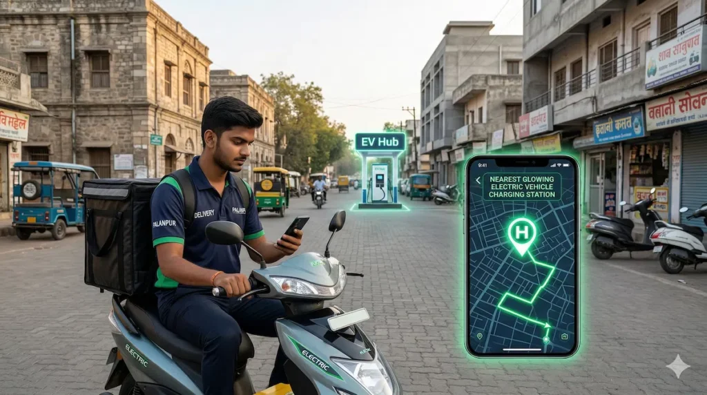 An Indian EV rider using AI software to find a smart charging grid station