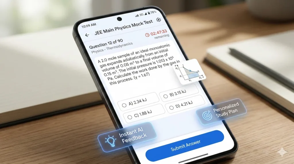 Google Gemini AI-powered JEE mock test interface showing instant feedback and personalized study tools