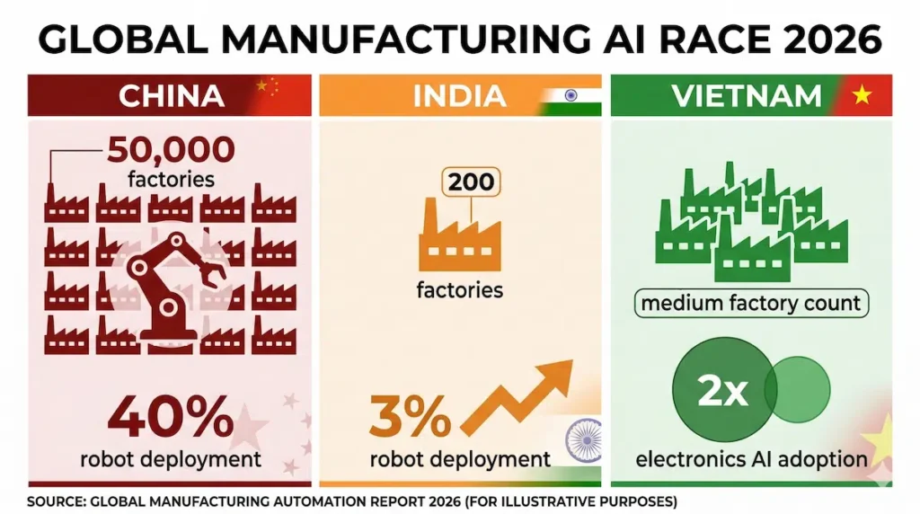 Comparison chart of manufacturing AI adoption rates across India, China, and Vietnam showing competitive landscape