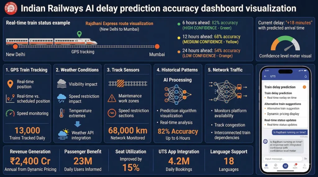 Indian Railways AI delay prediction 82% accuracy 23 million passengers GPS tracking weather sensors dynamic pricing UTS app 2026