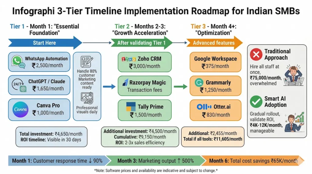 Indian SMB AI tool adoption roadmap 3-tier implementation WhatsApp Canva Zoho Tally month-by-month budget plan