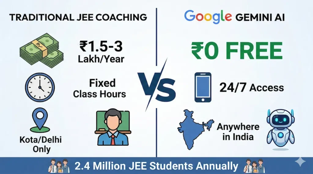 Cost comparison infographic: Traditional JEE coaching institutes vs free Google Gemini AI preparation tools