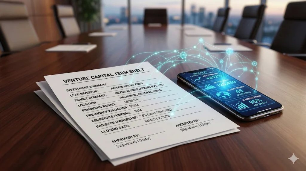 Venture capital term sheet representing the $70M funding round for Indian AI startups.