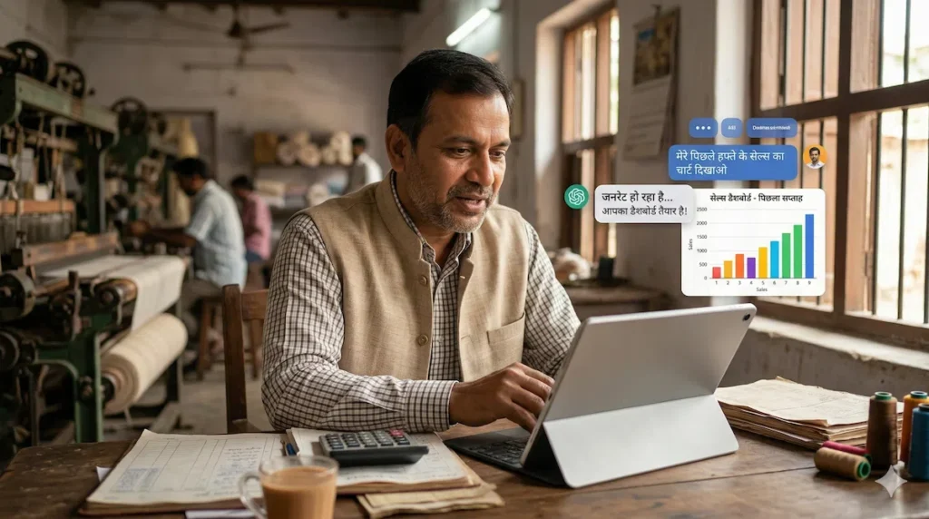 A small business owner in India building an app using an agentic AI app builder.