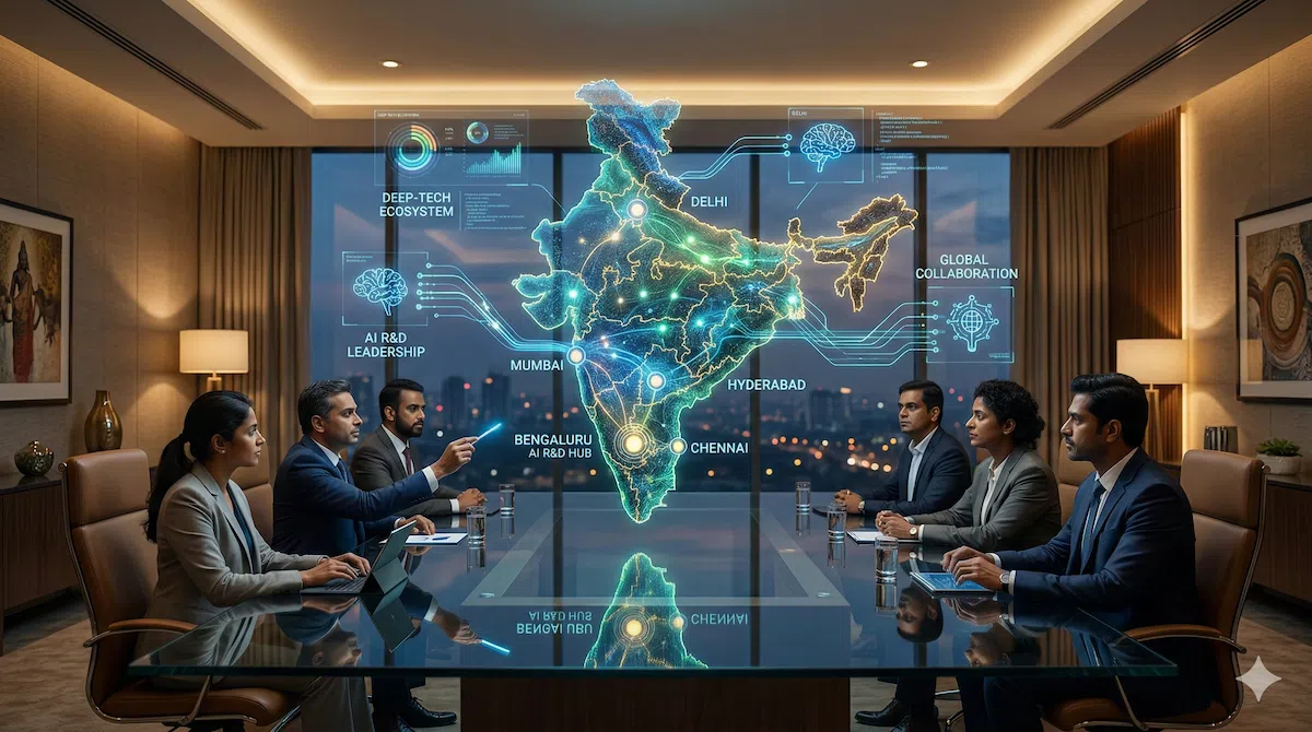The State of AI in India 2026 - Holographic map showing Indian AI startups and deep tech