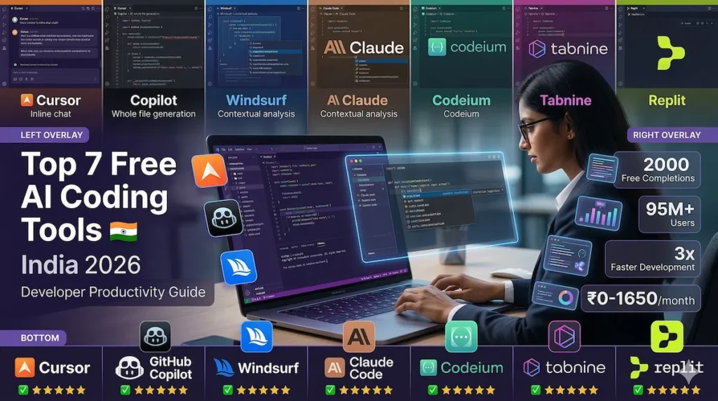 Top 7 free AI coding tools India 2026 Cursor GitHub Copilot Windsurf Claude Code Codeium comparison developer productivity