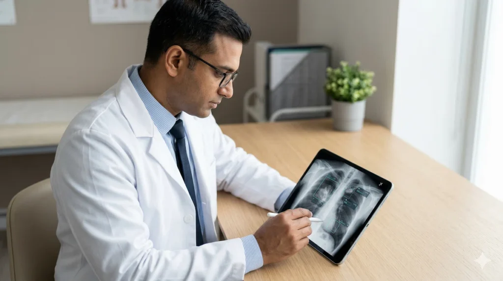 Indian doctor reviewing AI-assisted chest X-ray on tablet in clinic 2026