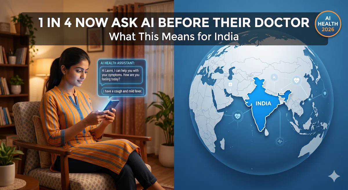 A young Indian woman using AI chatbot on smartphone for health advice at home, representing the growing trend of AI in Indian healthcare in 2026