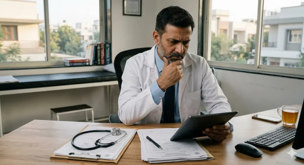 Indian doctor reviewing AI diagnostic documentation and legal compliance in clinic