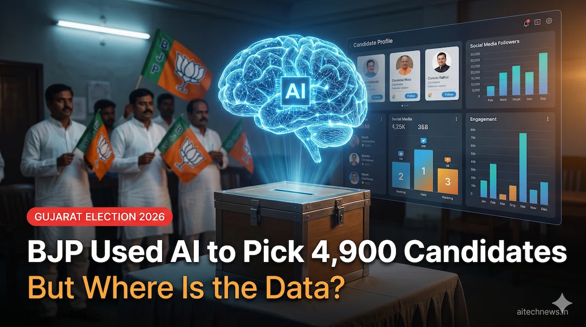 BJP AI candidate screening system Gujarat civic elections 2026 — digital dashboard showing candidate rankings over ballot boxes with lotus flag workers in background