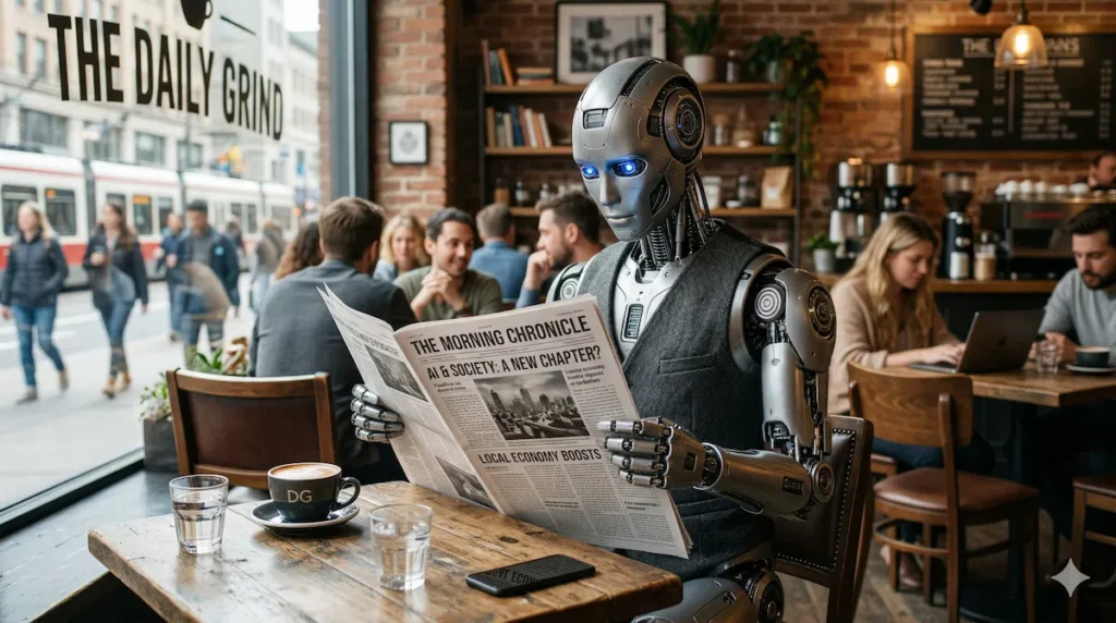 Realistic robot sitting in a busy coffee shop reading a newspaper generated by Gemini AI