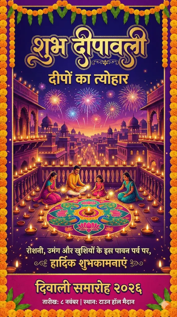 Detailed Diwali festival poster with Hindi text, diyas and fireworks generated by Gemini AI