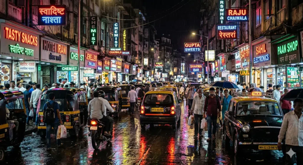 Realistic crowded Mumbai street at night with shops, taxis and wet roads generated by Gemini AI