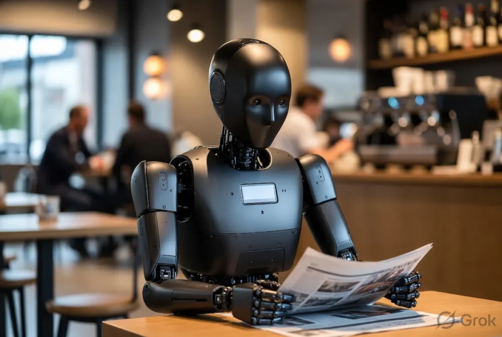 Futuristic humanoid robot reading a newspaper in a coffee shop created using Grok AI