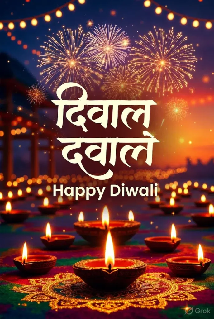 Diwali celebration image with diyas, fireworks and festive lighting created using Grok AI