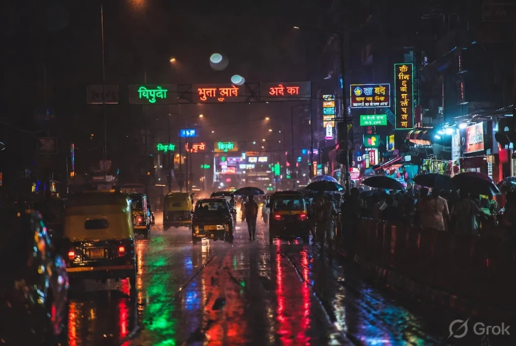 AI-generated Mumbai street at night with neon reflections and cinematic lighting created using Grok