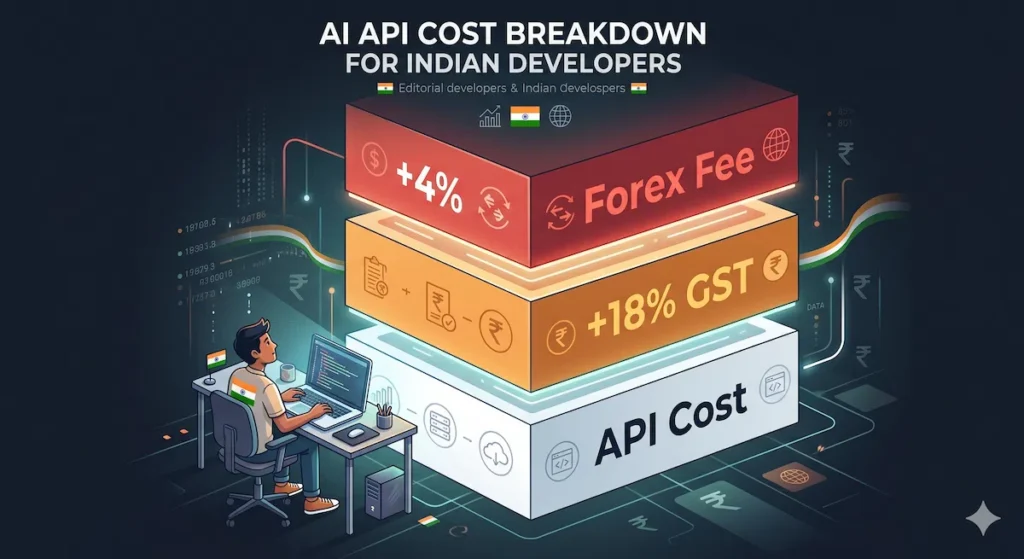 Infographic showing three hidden costs of AI API usage in India — base API price, 18 percent GST under reverse charge mechanism, and 4 percent foreign transaction fee
