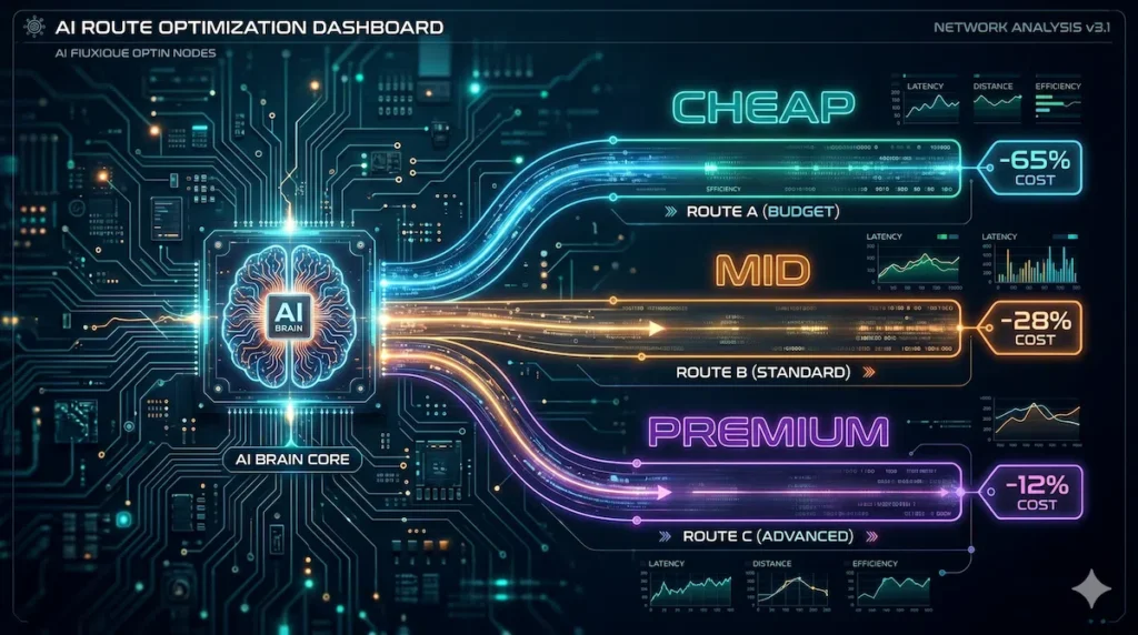 Multi-model LLM routing showing cost reduction across cheap mid and premium AI tiers