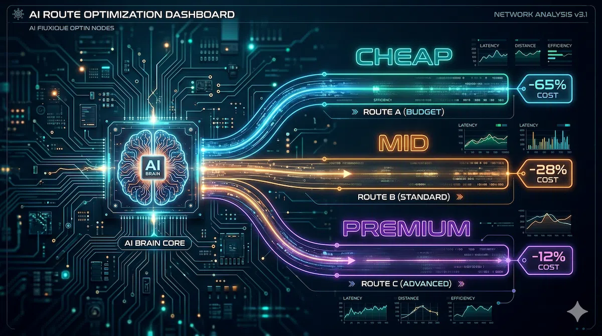 Multi-model LLM routing showing cost reduction across cheap mid and premium AI tiers