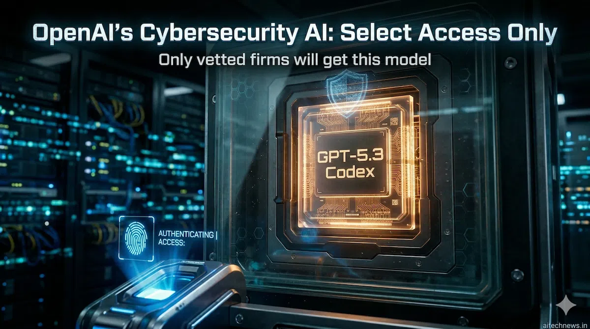 OpenAI cybersecurity AI model 2026 — GPT-5.3 Codex chip behind restricted access biometric scanner in a high-tech server room
