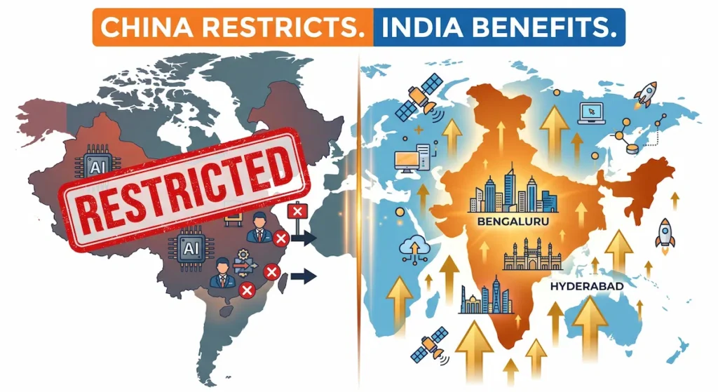Infographic showing China restricting AI talent travel while India emerges as global AI hiring destination