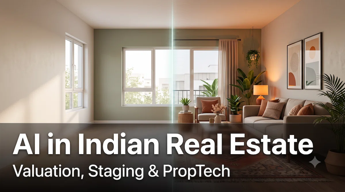 AI in Indian real estate — split image showing an empty apartment transformed into an AI-staged, furnished living room