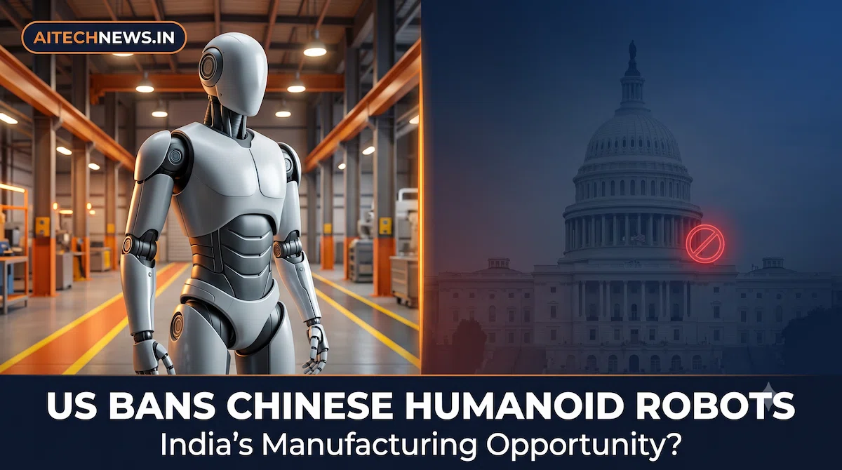 AITechNews.in graphic — US bans Chinese humanoid robots, showing a humanoid robot in an Indian factory beside the US Capitol, exploring India's manufacturing opportunity