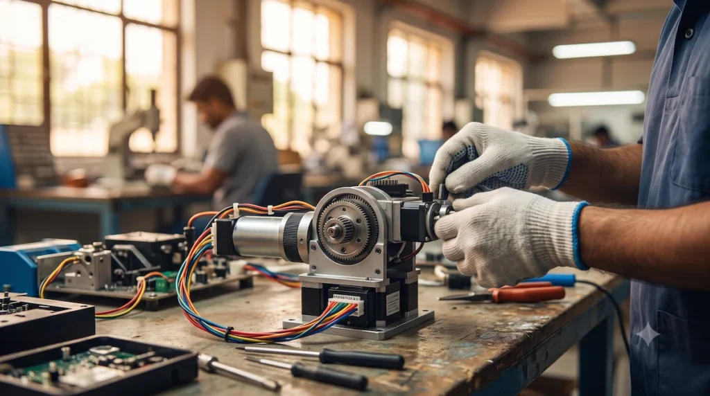 Close-up of robotic actuator components being assembled at an Indian manufacturing facility, illustrating India's robotics supply chain gap