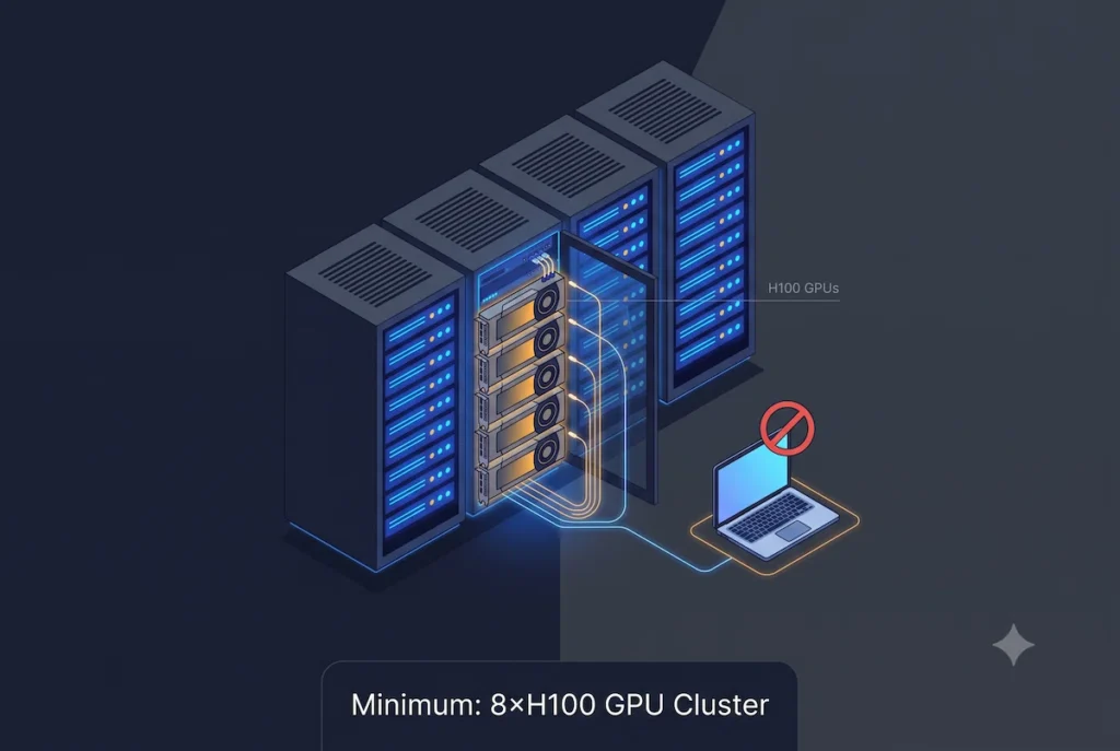 Kimi K3 hardware requirements — 8x H100 GPU cluster needed for self-hosting, consumer GPUs incompatible