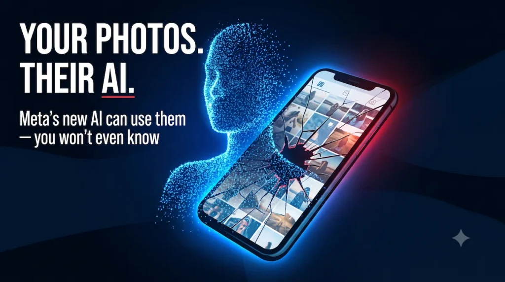 Illustration showing Meta Muse Image AI pulling a person's photo from a smartphone screen, representing Instagram photo privacy concerns