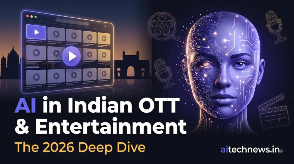 AI in Indian OTT and entertainment industry 2026 — featured thumbnail showing streaming interface and AI avatar over Mumbai skyline