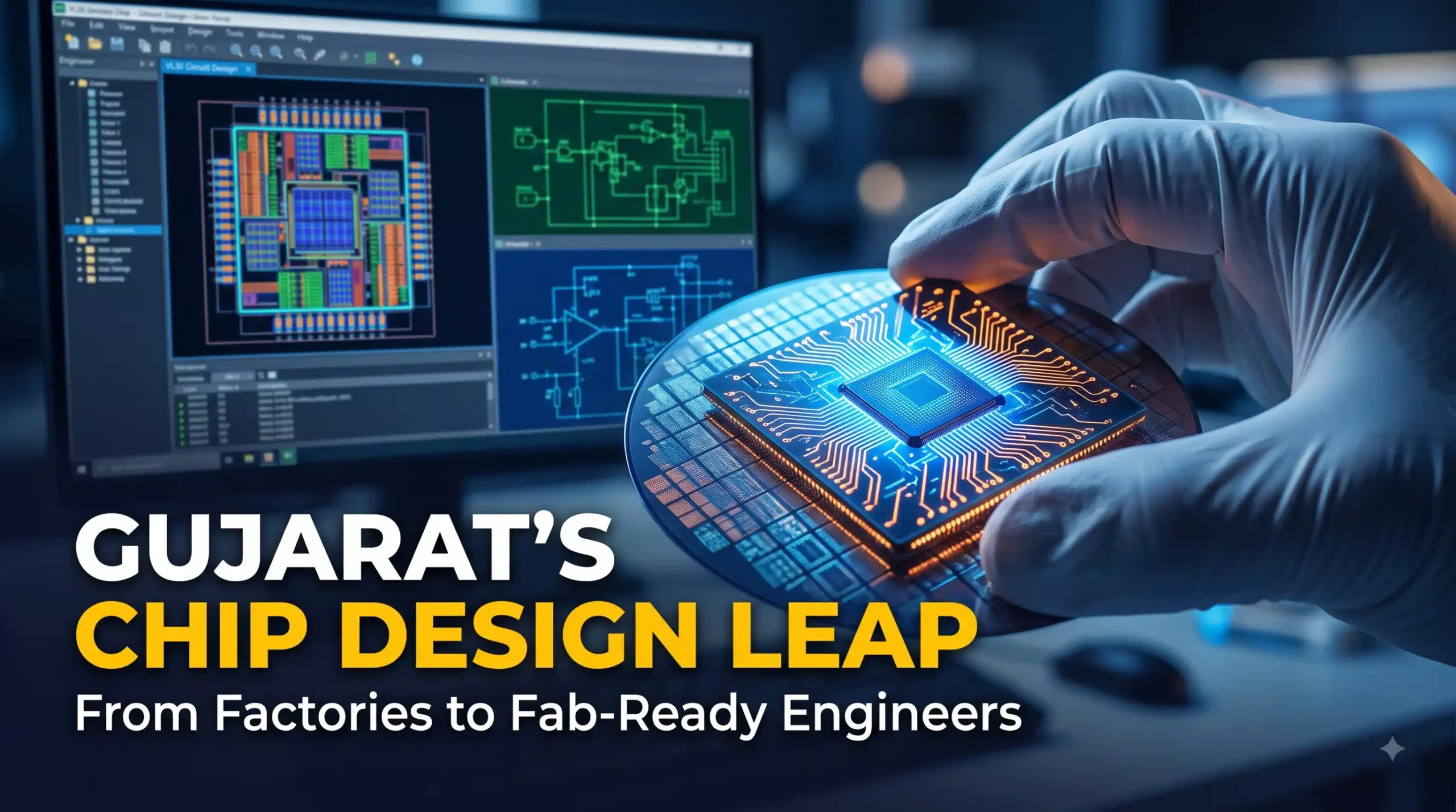 Gujarat chip design centre — engineer inspecting a glowing semiconductor chip in a VLSI design lab