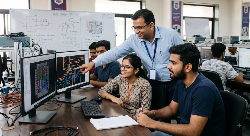 Engineering students learning VLSI chip design at Gujarat's ChipIN extension centre