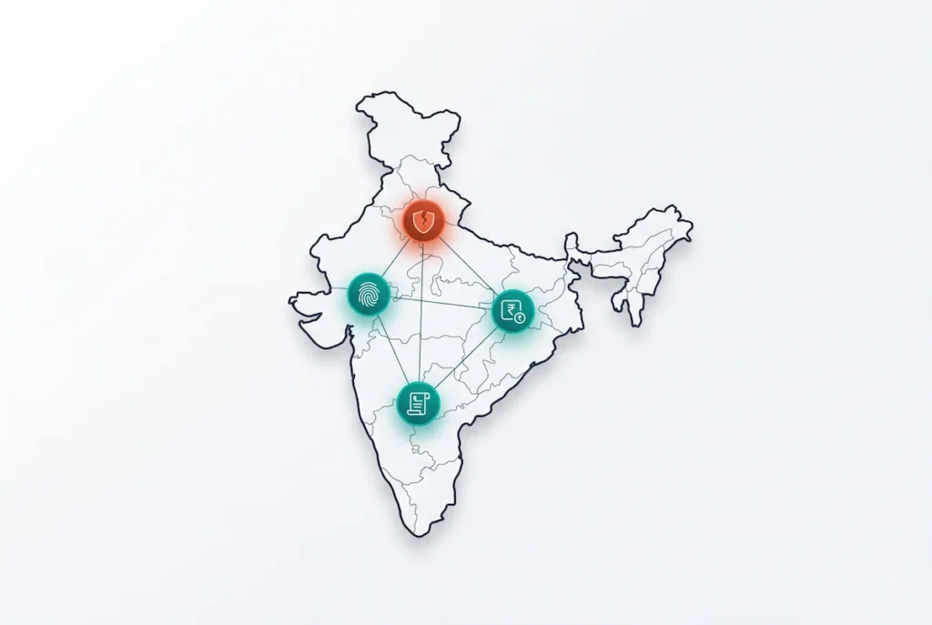 Map of India highlighting Aadhaar, UPI, tax and power grid systems at risk from AI agent cyberattacks