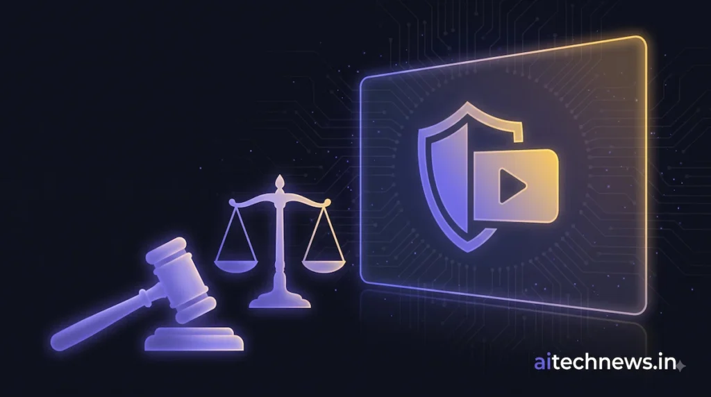 India's IT Rules 2026 — AI deepfake labelling and takedown regulation illustrated with digital courtroom concept