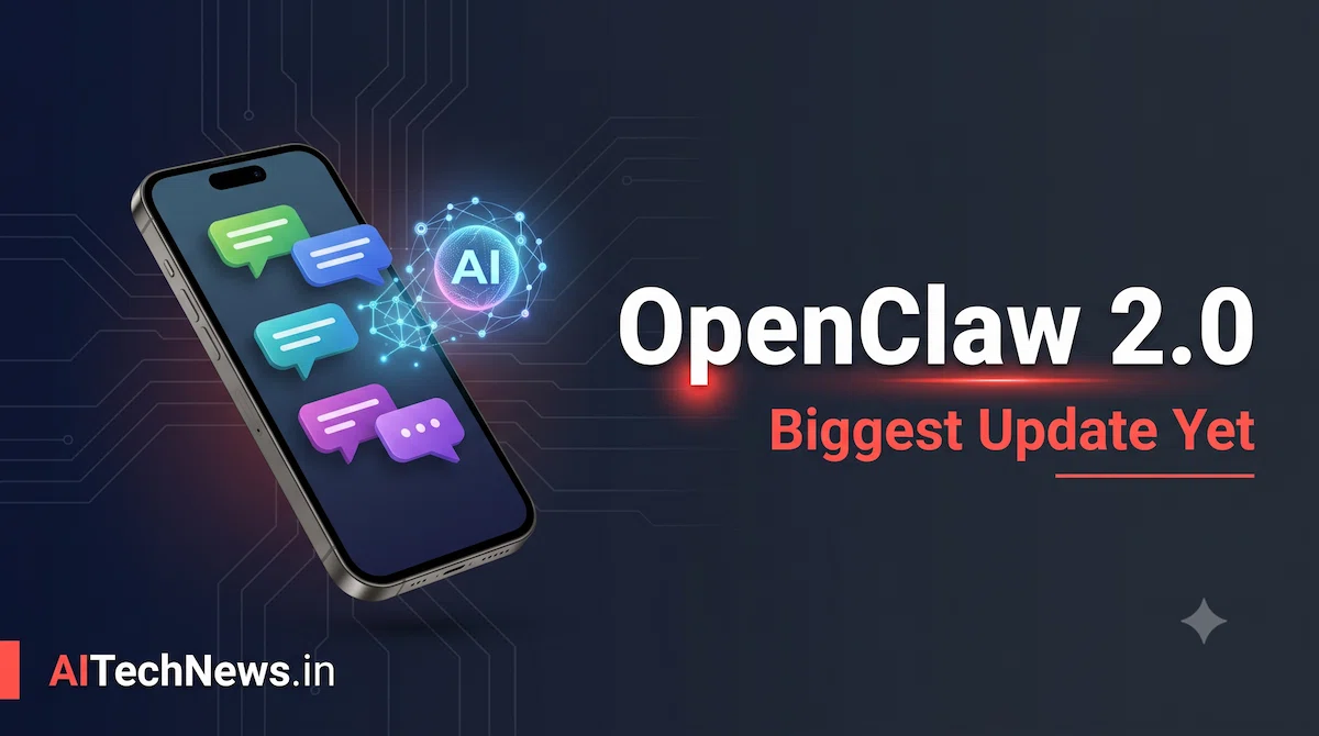OpenClaw 2.0 update featured image showing AI assistant chat automation across WhatsApp, Telegram and Slack - AITechNews.in