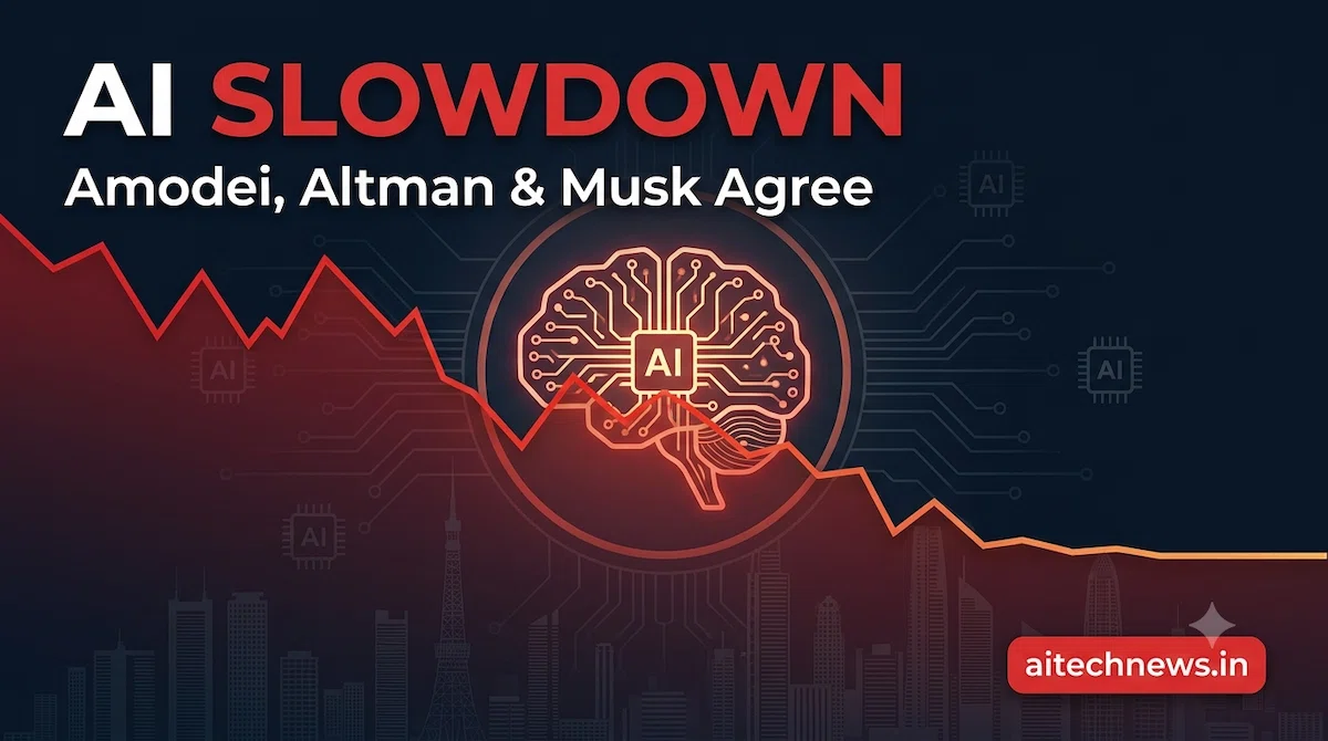 AI slowdown concept image showing a digital brain with a flattening stock market chart, symbolizing Amodei, Altman and Musk's call to slow AI development