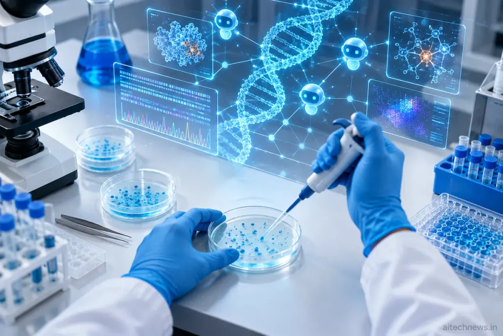 AI agents assisting human scientists in verifying the Claude AI enzyme discovery in a lab setting