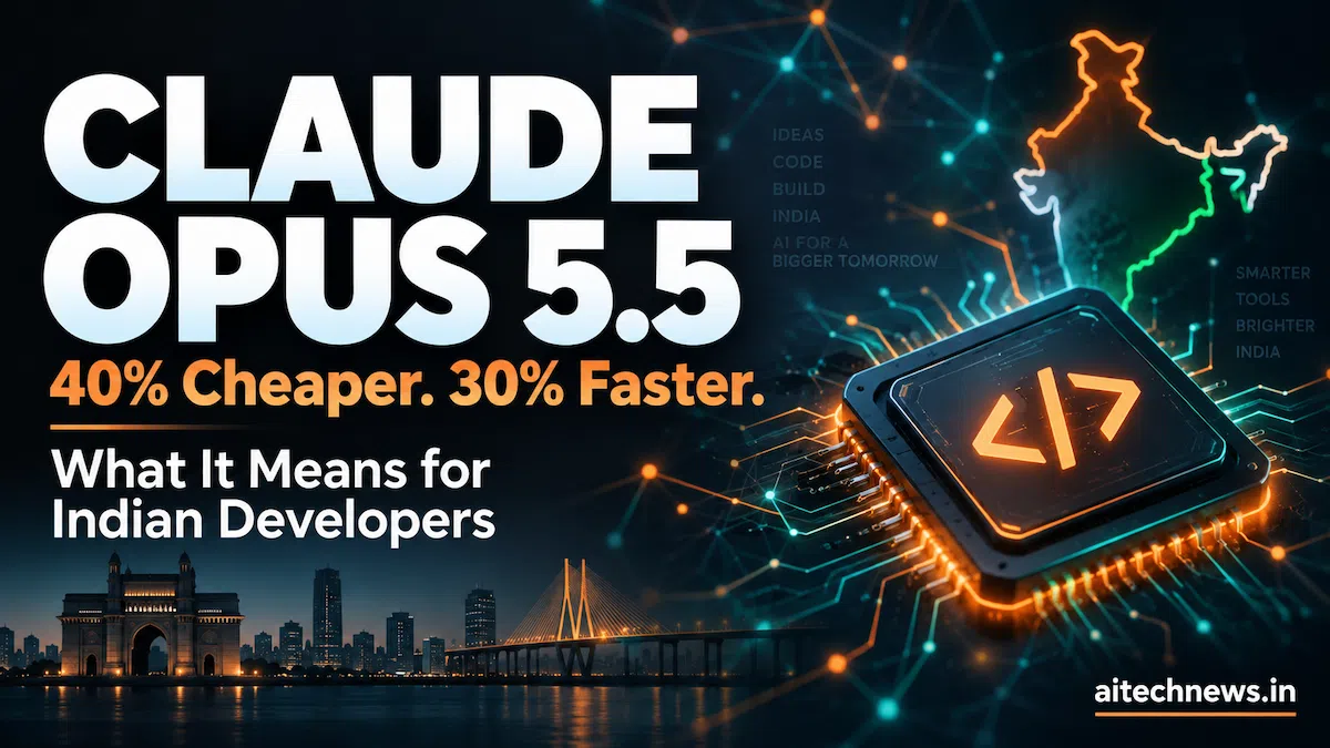 Claude Opus 5.5 launch thumbnail showing 40% price cut and faster AI coding assistant for Indian developers — aitechnews.in