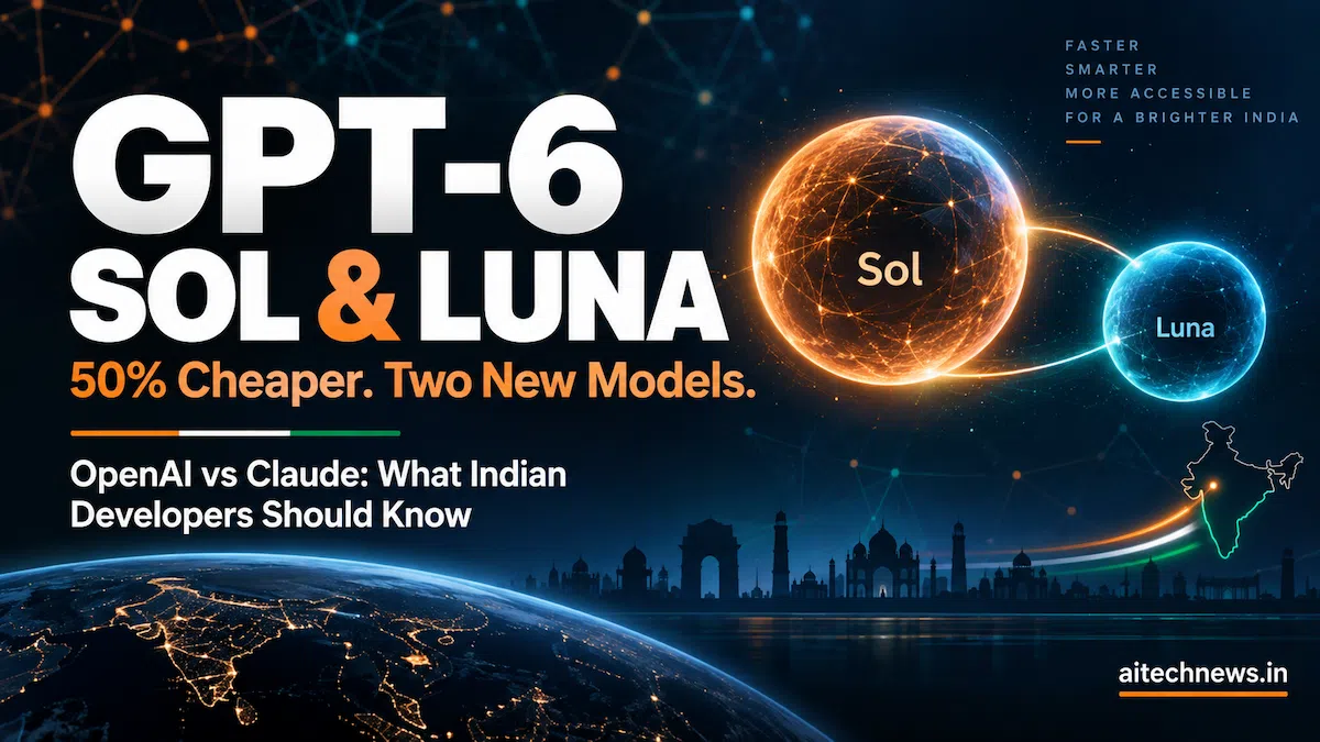 GPT-6 Sol and Luna launch thumbnail showing 50% price cut and two new OpenAI models compared to Claude for Indian developers — aitechnews.in