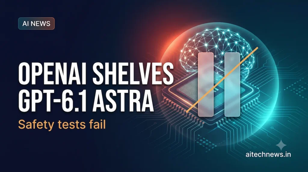 OpenAI shelves GPT-6.1 Astra: a glowing AI chip with a pause symbol and warning light on a dark blue background