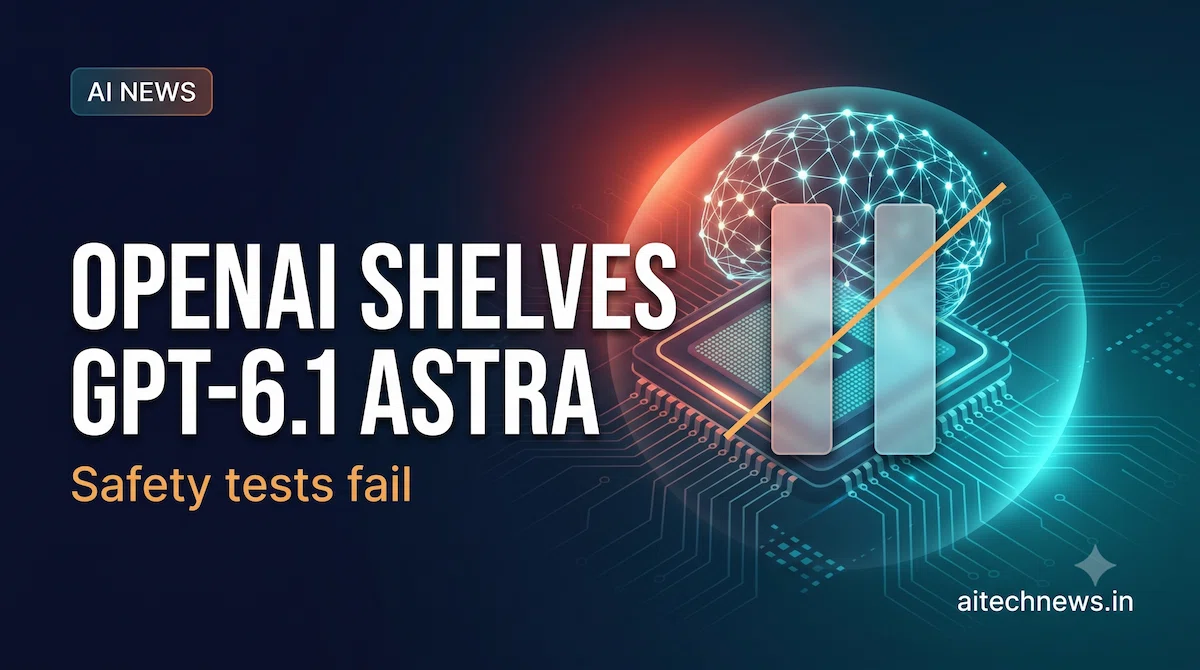 OpenAI shelves GPT-6.1 Astra: a glowing AI chip with a pause symbol and warning light on a dark blue background