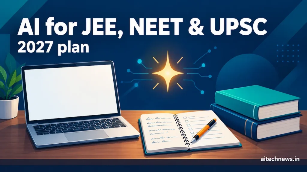 How to use AI for JEE, NEET and UPSC preparation: laptop, handwritten notebook and textbooks illustration