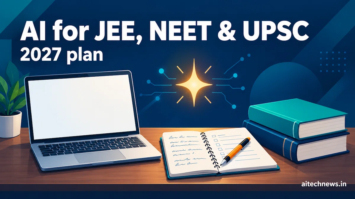 How to use AI for JEE, NEET and UPSC preparation: laptop, handwritten notebook and textbooks illustration