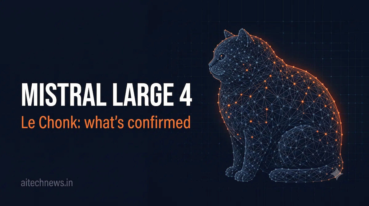 Illustration of a chunky cat made of glowing network nodes beside the headline "Mistral Large 4" and "Le Chonk"
